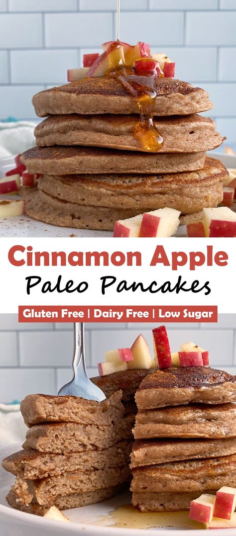 These healthy apple pancakes are made with applesauce and they're grain free, dairy free and fluffy! The perfect cinnamon apple pancake recipe for an easy Paleo breakfast. #applepancakes #applesauce #cinnamonapple #paleopancakes #paleobreakfast Keto Apple Cinnamon Pancakes, Apple Flour Recipes, Apple Pancake Recipe Healthy, Apple Sauce Pancakes, Cinnamon Apple Pancakes, Easy Paleo Breakfast, Apple Cider Pancakes, Applesauce Pancakes, Sugar Free Pancakes