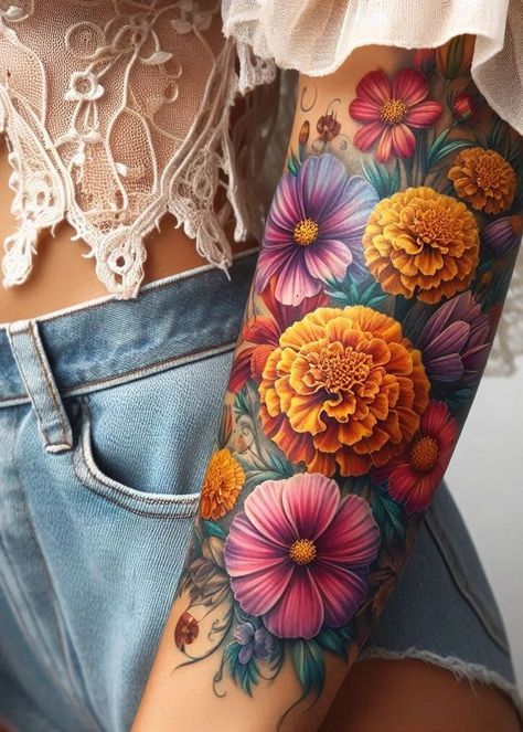 Birth Flower Tattoo Bliss: Stunning Designs | Pocoko Pretty Floral Sleeve Tattoo, Embroidery Tattoo Flower, Marigold Flower Tattoo Sleeve, Flower Tatoos Woman Arm, Cosmos And Marigold Tattoo, Cosmo And Marigold Flower Tattoo, Cosmos Tattoo Design, Feminine Tattoos Sleeve Colorful, Watercolor Flowers Tattoo