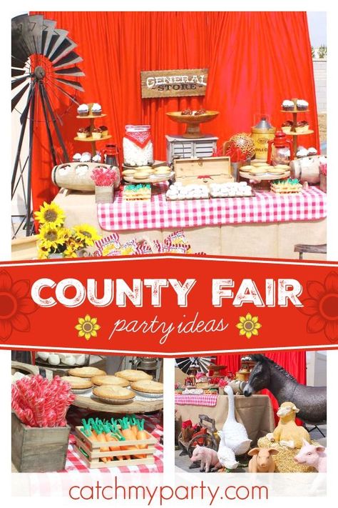 Check out this fun rustic county fair party! The decor is awesome!! See more party ideas and share yours at CatchMyParty.com #catchmyparty #partyideas #countyfair #rustic #countfairparty Diy County Fair Decorations, County Fair Themed Party, County Fair Party Ideas, County Fair Theme Decorations, County Fair Theme Ideas, Country Fair Decorations, Texas State Fair Themed Party, County Fair Centerpieces, State Fair Party Decorations