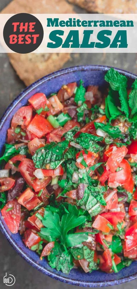 You'll love this easy homemade salsa recipe with a Mediterranean twist! Fresh tomato salsa that is chunky, healthy, and brimming with flavor from shallots, garlic, fresh herbs and a hint of spice. Grab the recipe and all the tips on TheMediterraneanDish.com #salsa #tomatorecipes #tomato #homemadesalsa #mediterraneandiet #mediterraneanrecipes #mediterraneanfood Mediterranean Salsa, Easy Homemade Salsa Recipe, Mediterranean Grilled Chicken, Easy Asparagus Recipes, Easy Homemade Salsa, Fresh Salsa Recipe, Homemade Salsa Recipe, The Mediterranean Dish, Fresh Tomato Salsa