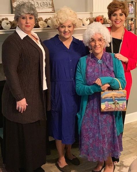 Golden Girls Costume Ideas, Rich Old Lady Costume, Nursing Home Costume Ideas, Old Lady Costume For Women Diy, Diy Old Lady Costume For Adults, Golden Girls Halloween Costume, Office Halloween Costume Group, Work Halloween Costumes Group, Office Group Halloween Costumes