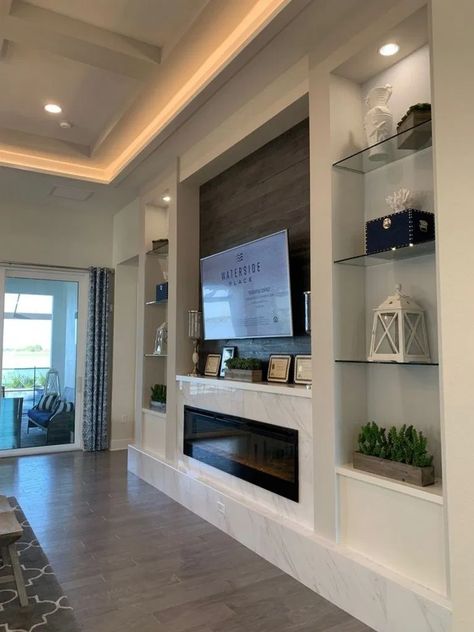 Modern Entertainment Center Wall, Modern Wall Units For Tv, Recessed Living Room Wall, Electric Fireplace Ideas Under Window, Recessed Fireplace Ideas, Low Linear Fireplace With Tv Above, Entertainment Center Wall Ideas, Sloped Ceiling Fireplace Wall, Linear Fireplace Tv Wall