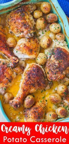 Easy Potato & Chicken Casserole (video) - Tatyanas Everyday Food Potato Chicken Casserole, Baked Chicken Casserole, Chicken Potato Casserole, Potatoes Casserole, Creamy Chicken Casserole, Potato Chicken, Dinner Casserole Recipes, Chicken Casserole Easy, Chicken And Potatoes