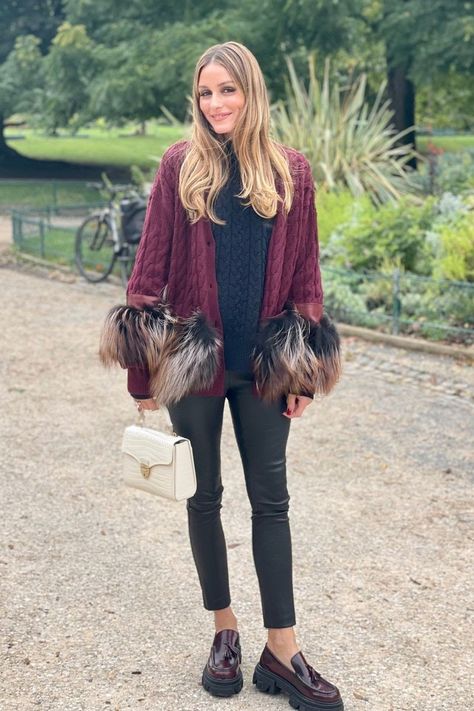 Burgundy cable knit cardigan with fur embellished sleeves, black leather J Brand pants, white top handle bag from Aspinal of London and burgundy platform loafers from Sam Edelman Platform Loafers Outfit Street Styles, Burgundy Loafers Outfit, Olivia Palermo Style Winter, Platform Loafers Outfit, Olivia Palermo Winter, Olivia Palermo Street Style, Burgundy Loafers, Olivia Palermo Outfit, Estilo Olivia Palermo