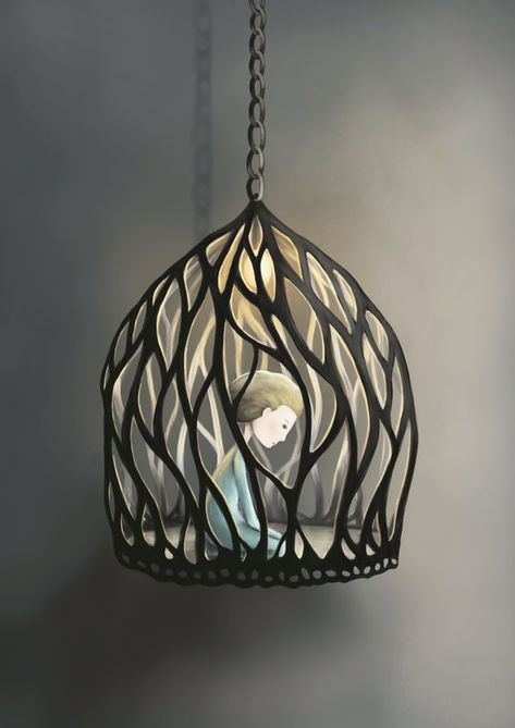 Girl trapped in cage by DEMELSA HAUGHTON Demelsa Haughton, Scary Birds, Bird In Cage, Sweet Illustration, Surreal Artwork, Heart Drawing, Dark Art Illustrations, The Cage, Arte Fantasy