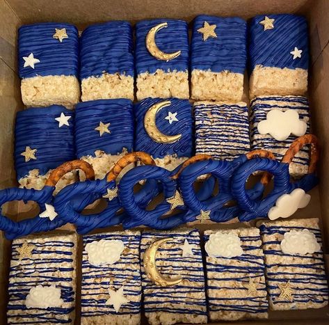 Space Theme Rice Krispie Treats, Space Themed Rice Krispies, Starry Night Dessert Table, Space Rice Krispie Treats, Starry Night Food Ideas, Astrology Themed Birthday Party, Astronomy Birthday Party, Zodiac Baby Shower Theme, Astrology Baby Shower Theme