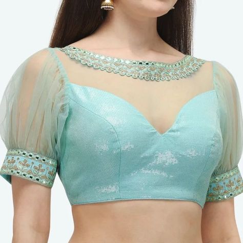 Blouse Designs Latest Half Sleeve, Net Neck Designs For Blouse, Half Net Blouse, Net Sleeves Designs For Blouse, Net Blouse Designs Pattern Style, Blauj Design, Net Saree Blouse Designs, Pink Blouses, Netted Blouse Designs