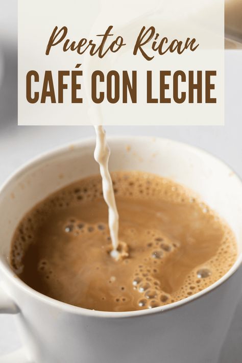 Start the day off right with a warm cup of traditional Puerto Rican café con leche, made with Puerto Rican coffee, sugar and steamed milk Puerto Rican Breakfast, Puerto Rico Coffee, Puerto Rican Coffee, Spanish Coffee, Puerto Rican Cuisine, Steamed Milk, Mexican Side Dishes, Puerto Rican Dishes, Boricua Recipes