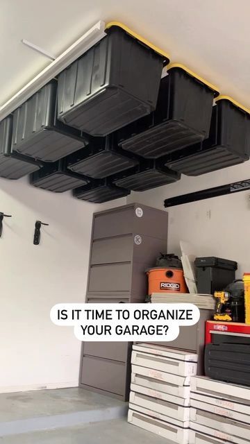 Garage Box Storage Ceiling, Garage Box Storage, Elevated Garage Storage, Garage Organization Overhead, Garage Tub Storage Ideas, Ceiling Storage Ideas Garage, Garage Tote Storage Ceiling, Garage Bin Storage Ideas, Garage Roof Storage