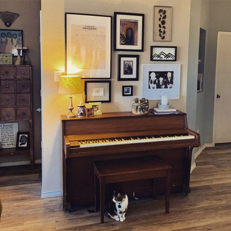 Piano Gallery Wall, Pictures Above Piano, Gallery Wall Over Piano, Gallery Wall Above Piano, Apartment Piano, Small Piano Room, Upright Piano Decor, Piano Wall Decor, Wall Piano