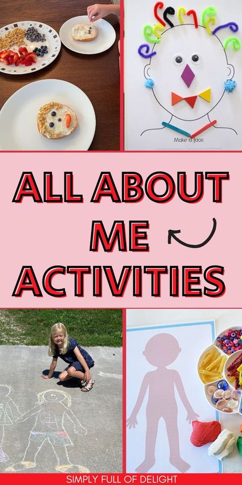 All about me theme for preschool - fun activities including crafts, printables and games All About Me Homeschool Activities, Preschool Getting To Know You, Pre K About Me Activities, All About Me Year 1 Activities, Preschool Topics Lesson Plans, All About Me Kindergarten Theme, All About You Preschool Activities, All About Me Creative Activities, All About Me Food Activities