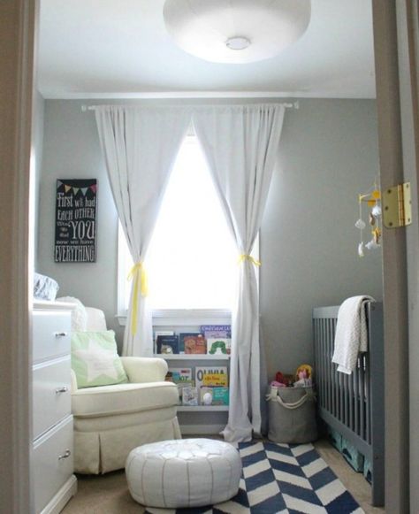 Small Nursery Layout, Small Baby Nursery, Baby Nursery Ideas Neutral Grey, Nursery Ideas Boy, Nursery Layout, Tiny Nursery, Baby Room Curtains, Small Space Nursery, Small Nursery