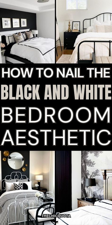 black and white bedroom aesthetic Black Iron Bed Bedding, Black Bedroom Ideas For Small Rooms, White And Black Bedroom Furniture, Black Wall White Bed, Black Bed White Room, Black And White Vintage Bedroom Ideas, White Bedding With Black Accents, Black And White Bedroom Ideas Farmhouse, Cozy White Bedroom Aesthetic