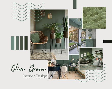 Olive green is a versatile color that can be used in many ways in interior design. Whether you use it as a wall color, furniture, or accent, it can add a touch of sophistication and warmth to your space. 𝗩𝗶𝘀𝗶𝘁 - 𝗵𝘁𝘁𝗽𝘀://𝗼𝗿𝗮𝗮𝗻𝗷-𝗶𝗻𝘁𝗲𝗿𝗶𝗼𝗿𝘀.𝗰𝗼.𝘂𝗸/ Olive Green Mood Board Color Palettes, Biophilic Design Color Palette, Moodboard Olive Green, Black White Wood Green Mood Board, Mood Board Green Colour Palettes, Pragmatic Utopia, Architect Project, Moodboard Design, Color Furniture