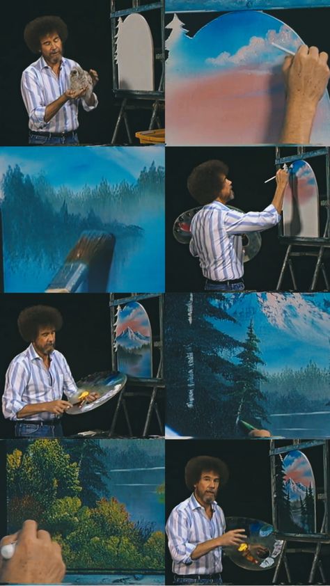 Bob Ross Wallpaper Aesthetic, Bob Ross Aesthetic, Bob Ross Wallpaper, Bob Ross Art, Tiktok Wallpaper, Louis Wain Cats, Wallpaper Vibes, Happy Accidents, Museum Exhibition Design