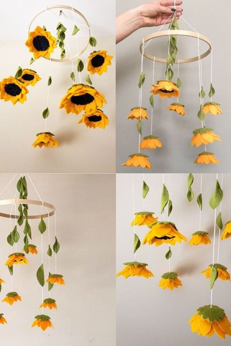 Monarch Decorations, Sunflower Baby Room Nurseries, Sunflower Nursery Theme Girl, Sunflower Nursery Ideas, Bumble Bee Nursery Ideas, Sunflower Nursery Theme, Diy Sunflower Decor, Sunflower Mobile, Bumble Bee Nursery