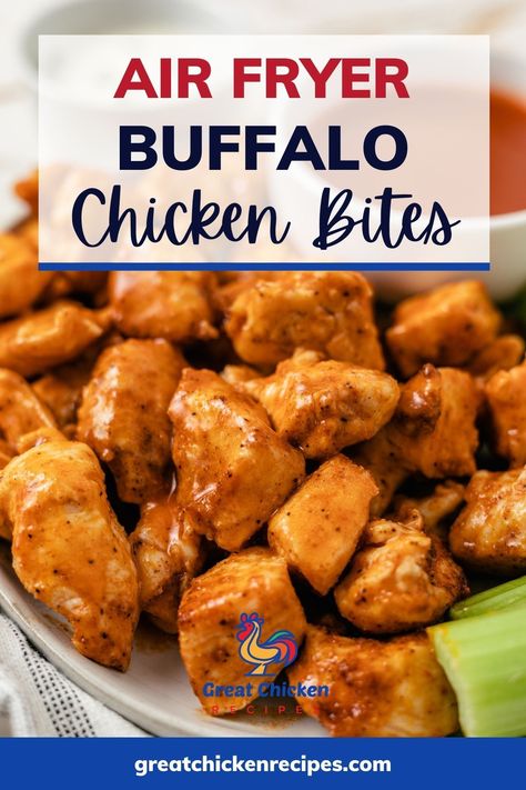 These air fryer buffalo chicken bites are the perfect game-day snack, appetizer, or quick protein for dinner. They use a handful of simple ingredients and take less than 30 minutes to make. Plus, since this recipe doesn’t use flour breading, these buffalo chicken breast bites are low-carb and gluten-free. #recipes #chicken #chickenbreast #chickendinner #airfryerrecipes Air Fryer Grilled Chicken Bites, Air Fried Buffalo Chicken Bites, Air Fryer Chicken Chunks No Breading, Buffalo Chicken Nuggets Air Fryer, Buffalo Chicken In Air Fryer, Chicken Air Fryer Bites, Low Calorie Buffalo Chicken Recipes, Buffalo Chicken Air Fryer Recipes, Air Fryer Buffalo Chicken Breast