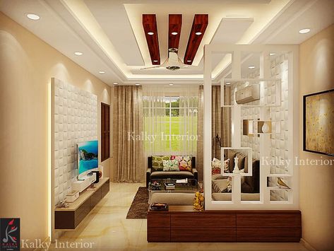 Drawing room with wooden partition: modern Living room by kalky interior 1bhk Flat Interior Design, Partition Ideas, Modern White Living Room, Flat Interior Design, Drawing Room Interior, Drawing Room Interior Design, Interior Design Plan, Interior Design Images, Hall Interior Design