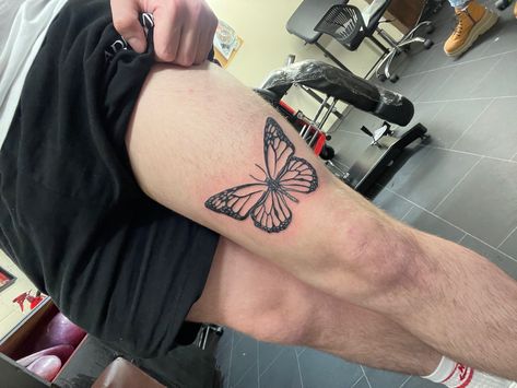 Butterfly Tattoo Above Knee Men, Butterfly Tattoo Thigh Men, Butterfly Chest Tattoo Men, Butterfly Tattoo Men Leg, Male Butterfly Tattoo, Masculine Butterfly Tattoo, Thigh Butterfly Tattoo, Butterfly Tattoo On Thigh, Butterfly Tattoo Leg