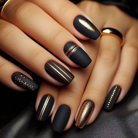 Black Matte Nails With Gold Design, Black And Gold Nails Matte, Black Nail Paint Ideas, Nails With Tape Design, Black Nails Matte Design, Long Nails Nail Art, Matte Black With Gold Nails, Black And Gold Geometric Nails, Black Nails With Gold Stripe