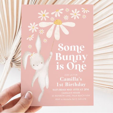 $3.08 | Some Bunny Daisy Pink Girl's 1st Birthday Party #some bunny, bunny 1st birthday, daisy 1st birthday, pink daisy invitation, bunny invitation, girls first birthday invitation, some bunny is 1, bunny daisy invitation, cute girls birthday invitation, 1st birthday party invitation Some Bunny Is 1, Some Bunny Is Turning One, Bunny Birthday Theme, Bunny 1st Birthday, Baby First Birthday Themes, Some Bunny Is One, Invitation 1st Birthday, Bunny Invitations, Bunny Birthday Party