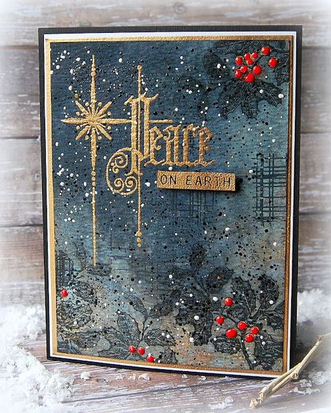 Peace On Earth using ~Tim Holtz/Stampers Anonymous Yuletide Gatherings, Christmastime 2 and Modern Christmas Holly Images, Tim Holtz Crafts, Handmade Christmas Cards, Tim Holtz Stamps, Stamped Christmas Cards, Tim Holtz Cards, Christmas Card Inspiration, Homemade Christmas Cards, Card Techniques