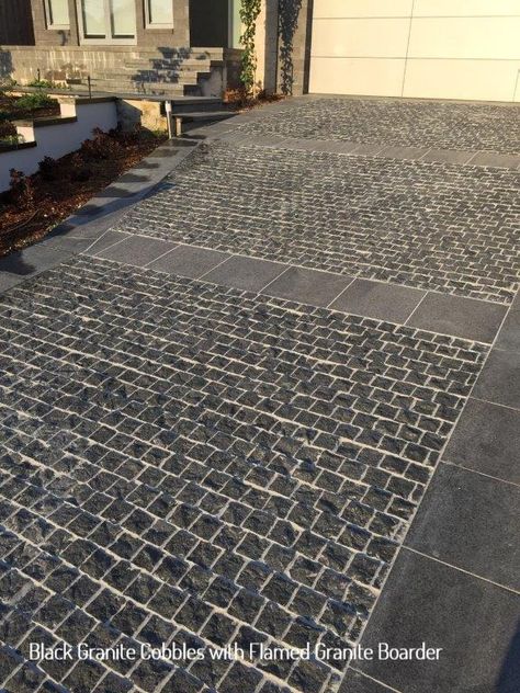 Black Granite Cobblestone Driveway with Flamed Black Granite Paved Boarders Black Cobblestone, Parking Granite Flooring Pattern, Black Cobblestone Driveway, Driveway Tiles, Sunroom Exterior, Resin And Cobble Driveway, Granite Cobblestone Driveway, Cobbled Driveway, Cobble Stone Drive Way