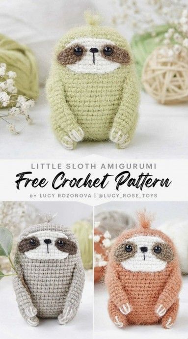 DIY Little Sloth Amigurumi Crochet Sloth, Basket Diy, Amigurumi Doll Pattern, Crochet Halloween, Bunny Crochet, Pola Amigurumi, Crochet Animals Free Patterns, Crochet Vintage, Kawaii Crochet