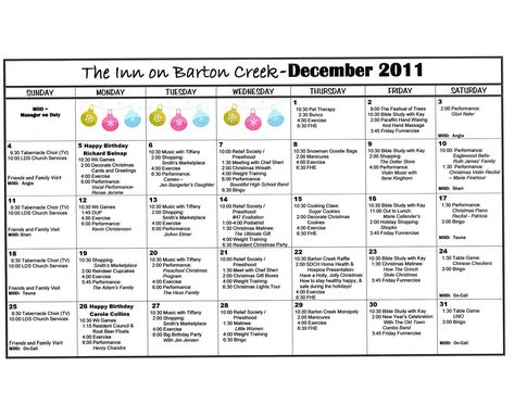 Barton Creek Assisted Living: December 2011 Activities Calendar Elder Activities, Seniors Activities, Resident Activities, Activities For High School, Assisted Living Activities, Activities Director, Memory Care Activities, Senior Assisted Living, Adult Activities