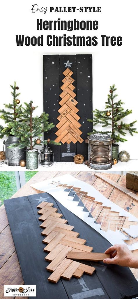 Create an easy Herringbone wood Christmas tree sign, pallet-style! - Funky Junk Interiors Wooden Handmade Christmas Tree, Making Wood Christmas Trees, Herringbone Christmas Tree, Wood Projects Holidays, Diy Xmas Wood Projects, Pallet Christmas Trees Diy, Wood Christmas Tree Display, Wood Board Christmas Crafts, Christmas Trees Wooden