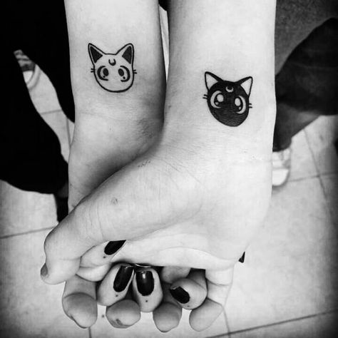 Artemis And Luna Tattoo, Luna Artemis Tattoo, Anime Couple Tattoo Ideas, Luna And Artemis Tattoo, Sailor Moon Luna Tattoo, Sailor Moon Cat Tattoo, Small Friendship Tattoos, Artemis Tattoo, Luna Artemis