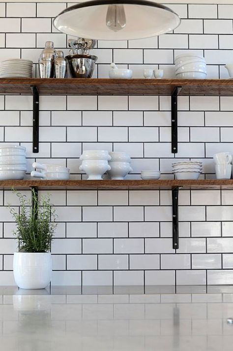 Subway Tile Backsplash - Gem Cabinets Subway Tile With Black Grout, Tile With Black Grout, Industrial Decor Kitchen, Black Grout, Industrial Kitchen Design, Kitchen Design With Island, Industrial Minimalist, Classic Kitchen, White Subway Tile