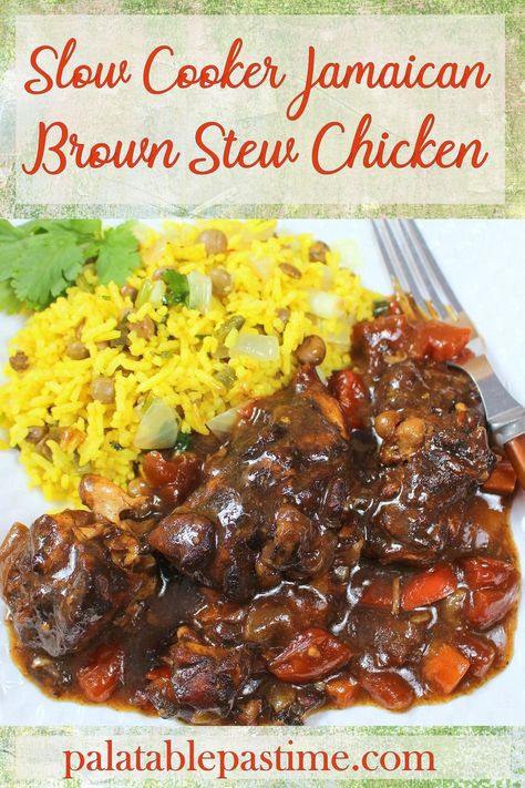 Jamaican Brown Stew Chicken involves braising chicken thighs in a slow  cooker with vegetables in a mildly  spicy sauce. via @suelau1 Jamaican Slow Cooker Recipes, Stew Chicken Crockpot, Stewed Chicken Crockpot, Slow Cooker Stewed Chicken, International Slow Cooker Recipes, Chicken Thigh Stew Recipes, Carribean Crockpot Recipes, Jamaican Stew Chicken Crockpot, Jerk Chicken Stew