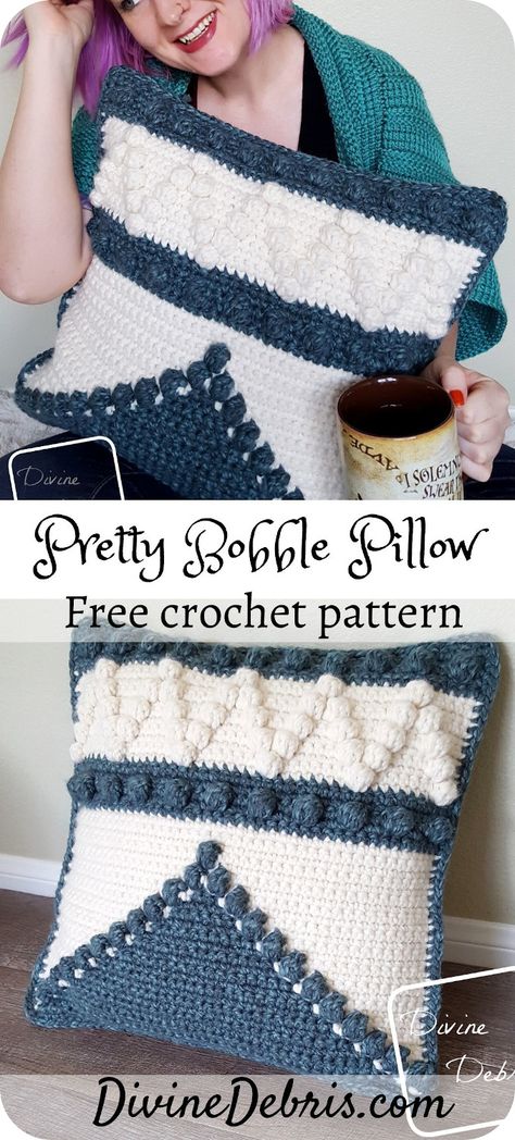 Learn to make the Pretty Bobbles Pillow from a free and easy crochet pattern on DivineDebris.com Crochet Pillow Pattern Free, Crocheted Pillows, Crochet Pillow Patterns Free, Crochet Pillow Cases, Crochet Cushion Pattern, Crochet Sloth, Pillow Patterns, Pillow Crochet, Crochet Cushion