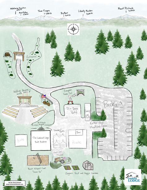 Wedding Venue Map, Lodge Floor Plans, Wedding Lodge, Realistic Wedding, Pnw Wedding, Hand Drawn Map, Drawn Map, Arbour Day, Lodge Wedding