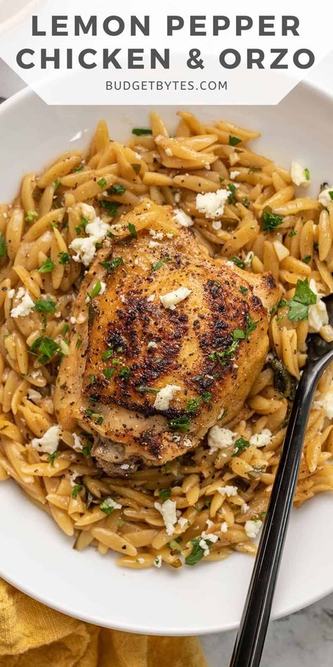 Lemon Pepper Chicken with Orzo is a zesty one-pot meal featuring juicy chicken thighs, orzo, feta, and lemon pepper for tons of flavor! BudgetBytes.com Lemon Pepper Chicken With Orzo, Lemon Garlic Chicken Orzo, Cheaper Dinner Ideas, Lemon Pepper Recipes, Lemon Pepper Chicken Recipes, Lemon Peper Chicken, Orzo Recipes Healthy, Aldi Dinners, Lemon Pepper Chicken Pasta