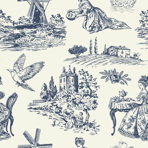 Abstract Victorian seamless pattern with hand drawn illustration with country life, couple villager in Toile de jouy style. Retro elegance blue Chinoiserie print. Vintage wallpaper for bedroom Chinoiserie Print, Wallpaper For Bedroom, Blue Chinoiserie, French Toile, Blue Toile, Hand Drawn Illustration, Cityscape Photos, Drawn Illustration, Nature Backgrounds