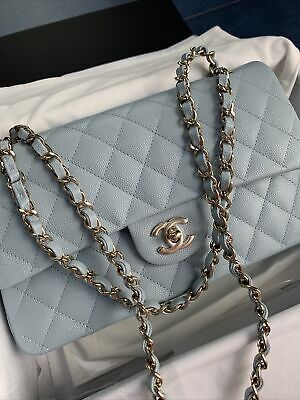 ad eBay - CHANEL Medium Classic Double Flap Bag Light Blue Caviar LGHW 22P  New/receipt - Buy Now, click the link (eBay) Light Blue Chanel Bag, Chanel Clothes Women, Blue Chanel, Blue Champagne, Chanel Classic Flap Bag, Chanel Outfit, Classic Flap Bag, Handbag Women, Bag Light