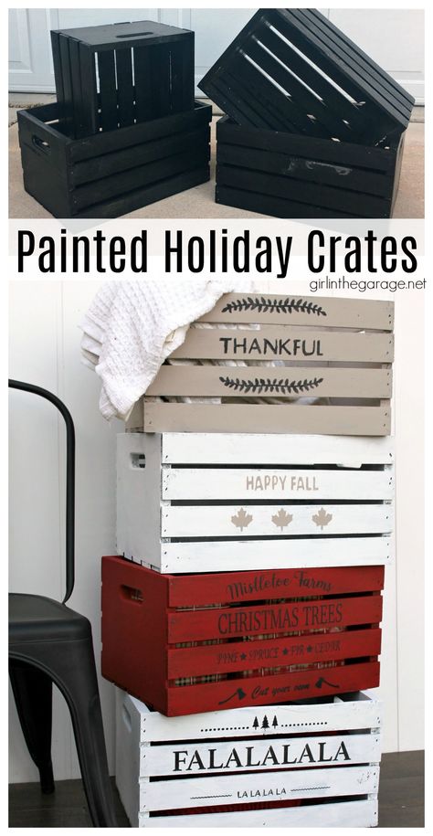 How to paint holiday crates - Learn how to stencil wooden crates for both fall and Christmas decor. Step by step tutorial by Girl in the Garage. Uses For Wooden Crates, How To Paint Wooden Crates, Fall And Christmas Decor, Wooden Crates Projects, Wooden Crates Christmas, Wood Crate Diy, Christmas Eve Crate, Crate Crafts, Crate Decor