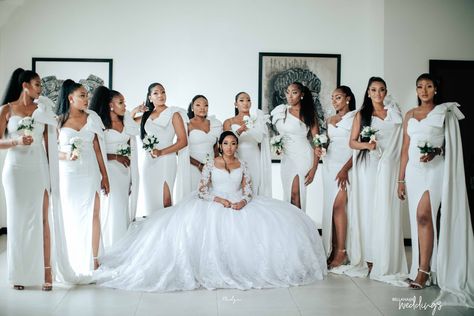 These 4 All-White Classic Bridal Squads are Definitely Worth Loving White Wedding Scheme, All White Bridesmaids Dresses, All White Wedding Bridesmaid Dress, White Bridesmaids Dress, Bridesmaid White Dresses, All White Wedding Party Attire, All White Bridesmaid Dresses, All White Wedding Bridesmaids, White Wedding Party