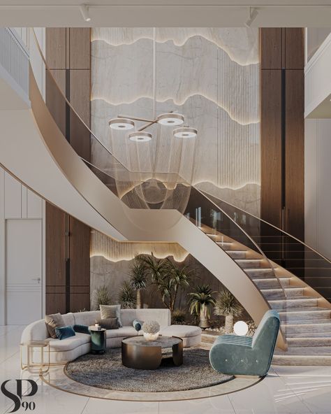 Double Height Staircase Design, Double Height Stairs, Stair Case Wall Designs, Double Height Staircase Wall Design, Double Height Staircase, Stairs Wall Design Modern, Stair Case Wall Design, Modern Luxury Staircase, Royal Staircase