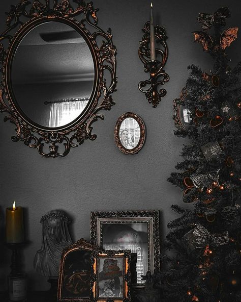 Gothic Decor | Reposted• @ttrickorrtreatt Victorian gothic creepmas! 🦇 . . . . . . . . . #goth #gothicgallerywall #halloween #gothicstyle #gothic… | Instagram Gothic Instagram, Gothic House Decor, Gothic Gallery Wall, Victorian Gothic Decor, Victorian Christmas Decorations, Goth Christmas, Gothic Christmas, Spooky Home Decor, Dark Christmas