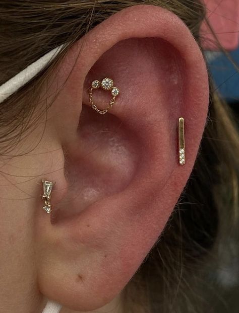 Took Piercing Jewelry, Ear Curation Daith, Daith And Tragus Piercing Together, Ear Piercing Ideas Flat Cartilage, Stacked Flat Piercing, Ear Piercing Ideas Tragus Rooks, Opal Ear Curation, Ear Styling, Constellation Piercings