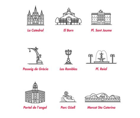 CITY ICONS BARCELONA on Behance Barcelona Stamp Tattoo, Madrid Tattoo Ideas, Spain Inspired Tattoo, Simple Tats, Barcelona Tattoo, Parc Guell, Travel Tattoos, Spain Flag, City Branding