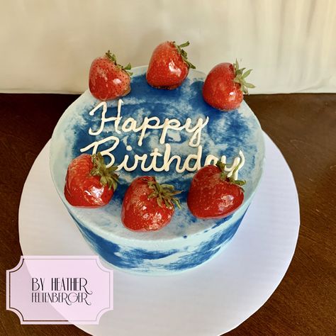 Blue watercolor with glazed strawberries birthday cake Glazed Strawberries, Strawberry Birthday Cake, Small Birthday Cakes, Pastel Cakes, Blue Strawberry, Red Cake, Blue Cakes, Strawberry Cakes, Boy Birthday Cake