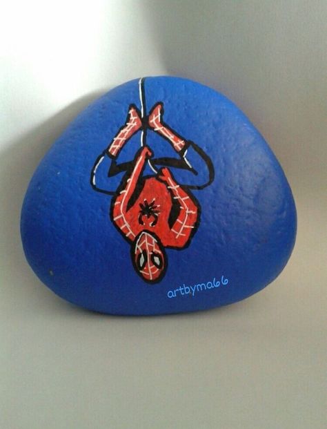 Spiderman rock. Artbyma66 Painted Stones, Rock Painting, Super Hero, Rock Art, Painted Rocks, Spiderman, Kindergarten, Paintings, Stone