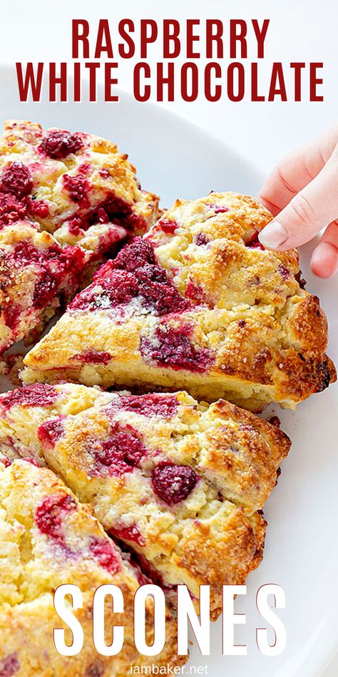 Enjoy the perfect combination of white chocolate and raspberries in this White Chocolate Raspberry Scone! #whitechocolateraspberryscone #whitechocolate #raspberries #iambaker #scone #sconerecipes #baking #breakfastrecipe #dessert Raspberry Chocolate Chip Scones, Dessert Scones, White Chocolate Scones Recipe, Raspberry White Chocolate Scones Sourdough, White Chocolate Raspberry Scones Recipes, Raspberry Scones Recipe, Raspberry Scone, Chocolate Raspberry Scones, Raspberry And White Chocolate Scones