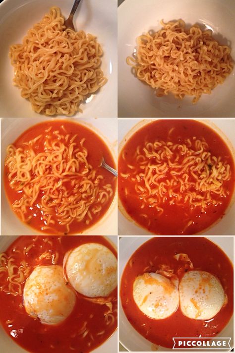 If you haven't tried tomato soup with poached eggs you need to. This recipe included chicken ramen noodles, home made tomato soup, and eggs poached in the simmering tomato soup Eggs Poached, Chicken Ramen, Tomato Broth, Cup Noodles, Eat To Live, Ramen Noodles, Poached Eggs, Tomato Soup, Palak Paneer