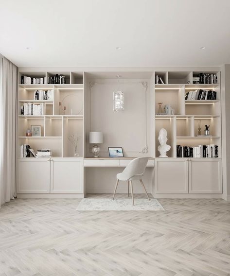 Single Bedroom Office Ideas, Desk And Library Ideas, Study Nook In Living Room, Office And Dressing Room Combo, Hallway Office Ideas, Office And Library Combo, Billy Bookcase Office, Built In Office, Women Home Office