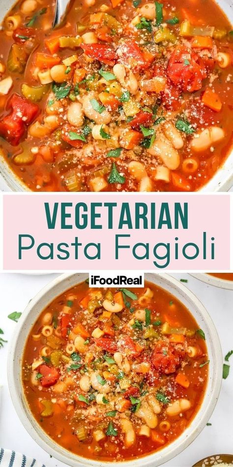 Vegetarian pasta fagioli soup in a bowl. Vegetarian Pasta Fagioli, Pasta Fagioli Soup Recipe, Pasta Fagioli Recipe, Pasta E Fagioli Soup, Fagioli Soup, Vegetarian Italian, Slow Cooker Pasta, Pasta Fagioli, Vegetarian Soup Recipes